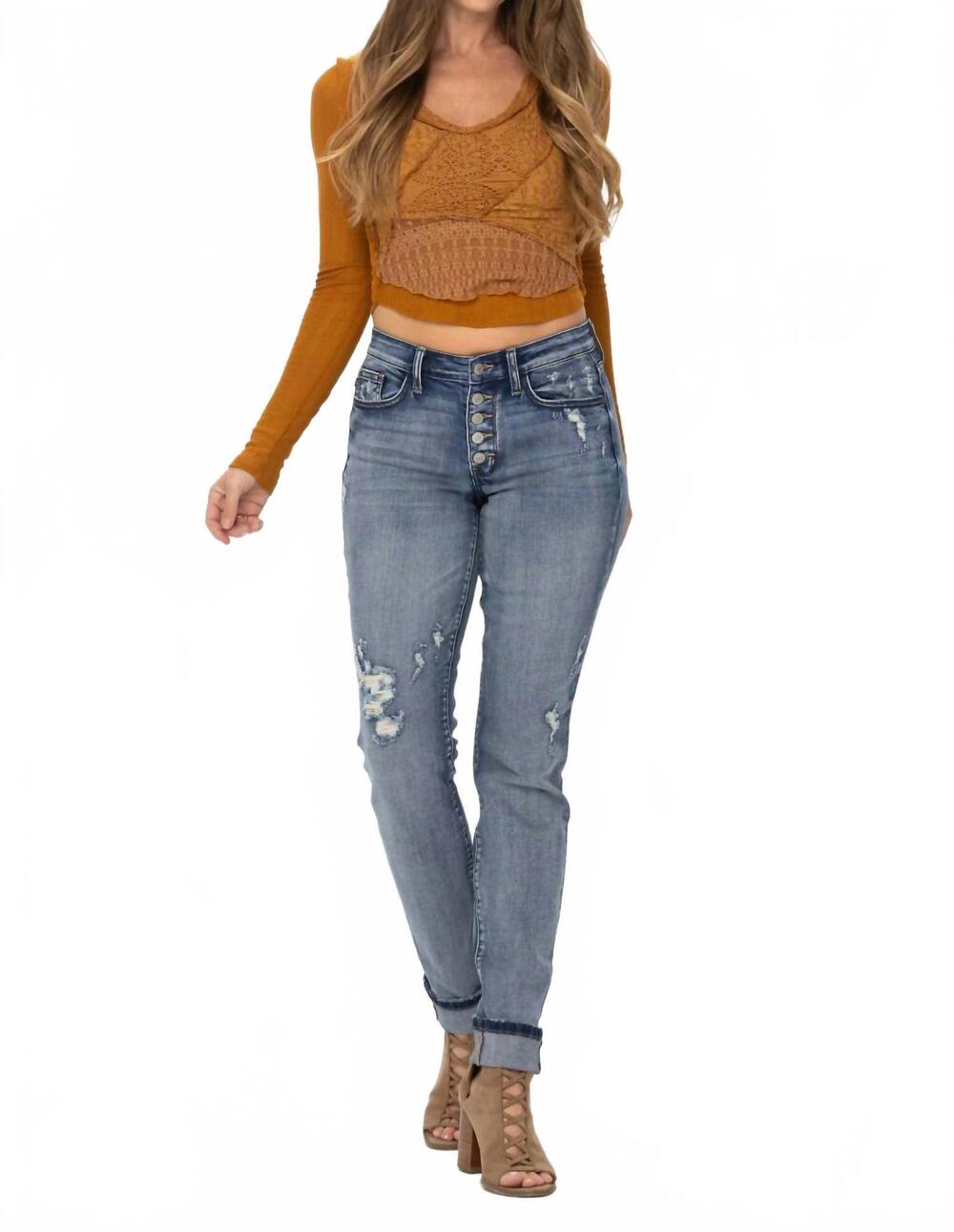 NEW JUDY BLUE boyfriend mid rise button fly jeans in blue